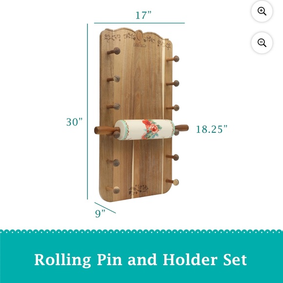 NEW PIONEER WOMAN CERAMIC ROLLING PIN PAINTED MEADOWS & ACACIA WOOD RACK SET NWT - Picture 3 of 9